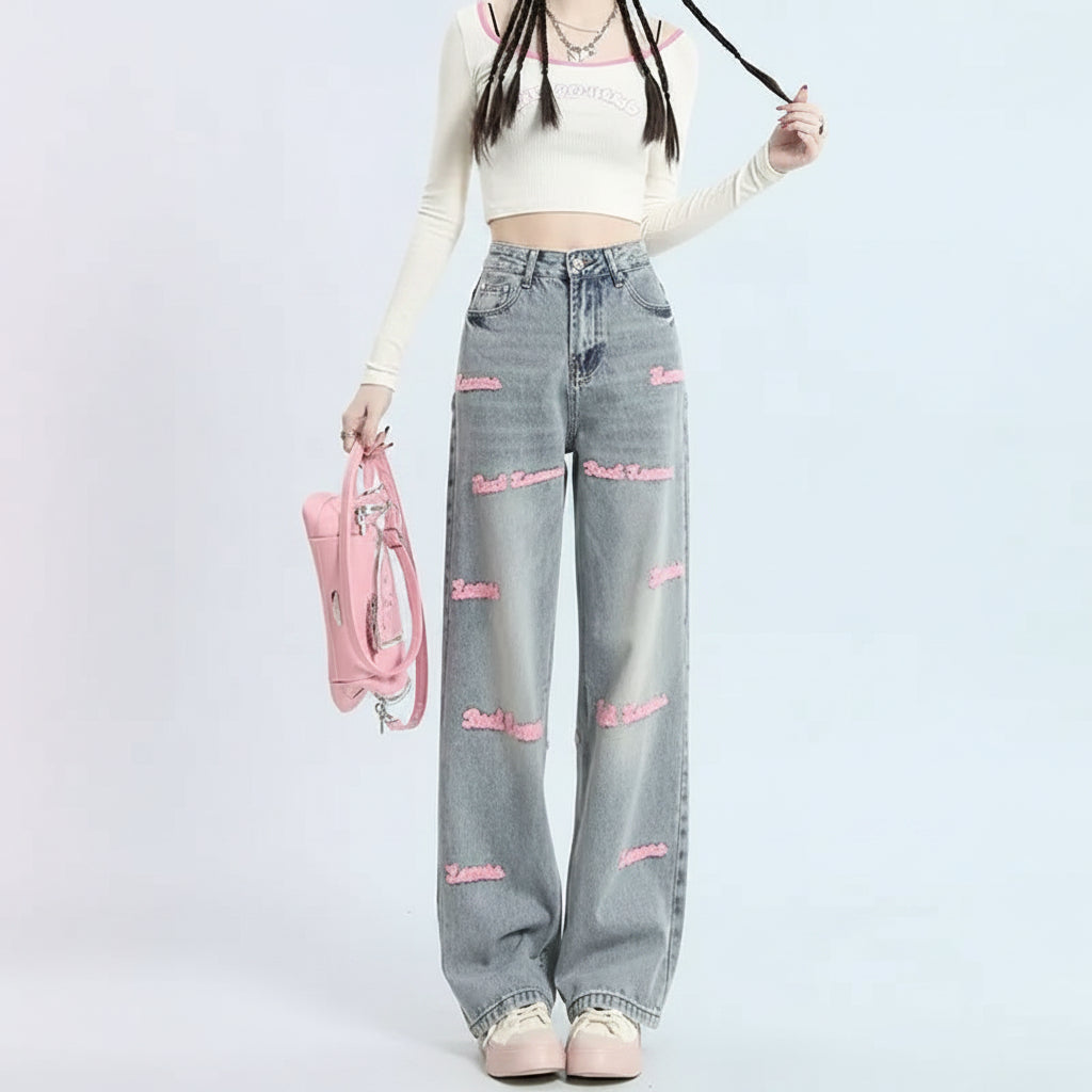 Summer Embroidered Denim Pants Matching Set Korean Elegant - Vusy Kawaii Shop
