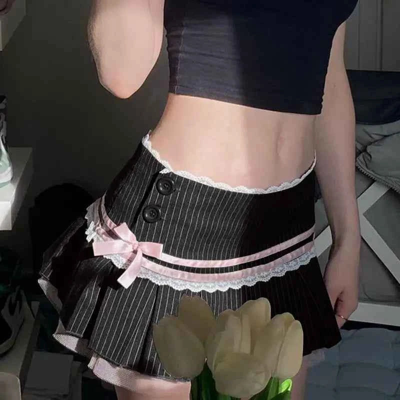 Harajuku Kawaii Lace Trim Mini Skirts Gothic Cutecore Bow