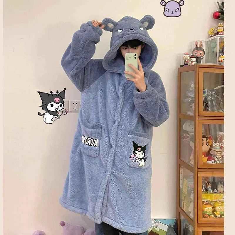 Kawaii Sanrioed Plush Pajamas Suit Cartoon Kuromi Winter Women Hooded Nightgown Long Cute Girls Thickened Warm Sweet Tops Pants