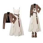 Brown Leather Jacket and White Ruffle Dress Set, flat lay and full-length styled view of the set with brown boots and a studded bohemian belt