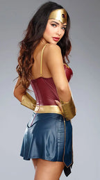 Wonder Woman corset top and blue skirt back view on model