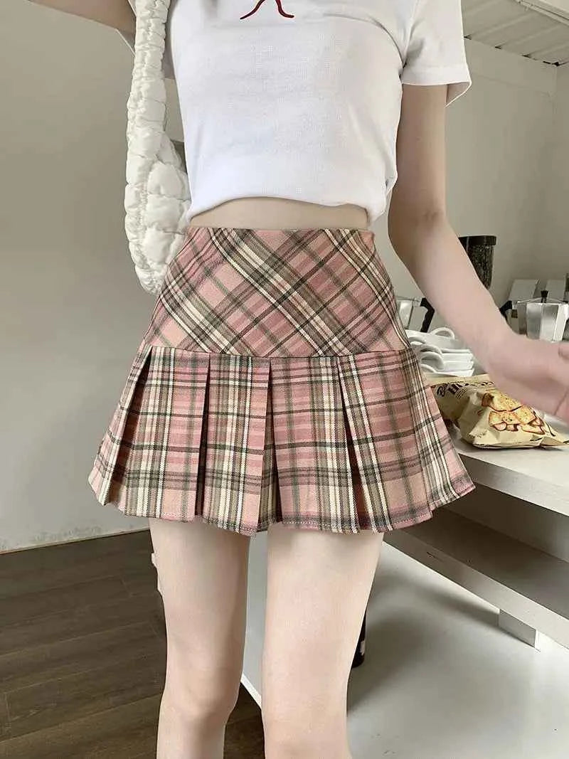 Women Pleated Skirt JK A-Line Short Skirt Plaid Clothing