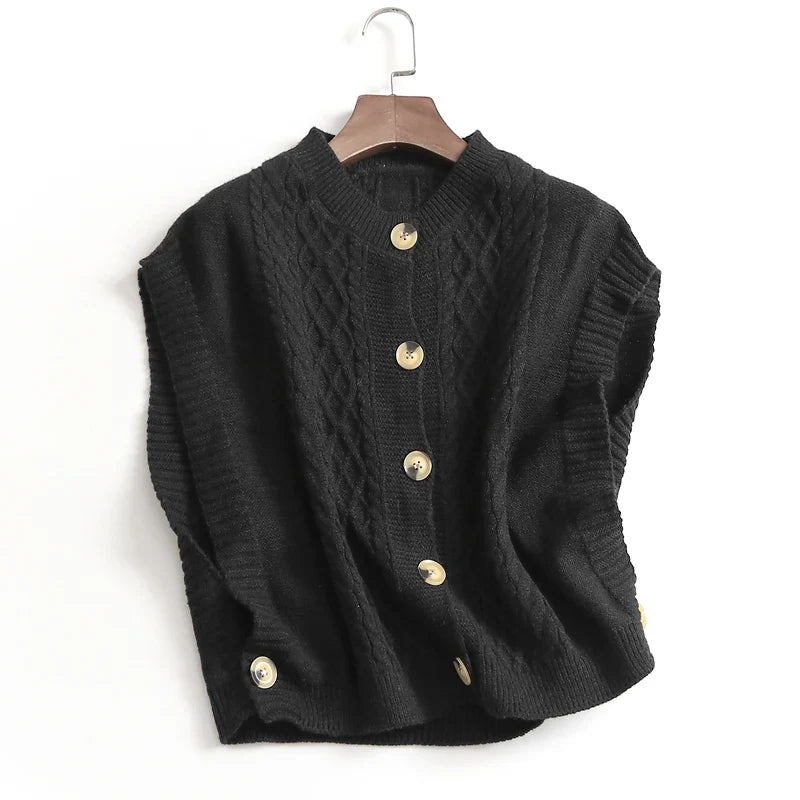 Cable Knit Sweater Vest Cozy Button-Up Sleeveless Crop Top - Vusy Kawaii Shop