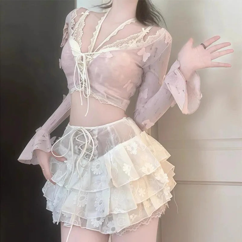 Summer Sweet Sexy V-Neck Slim Fit Long Sleeve Top and Mesh - Vusy Kawaii Shop