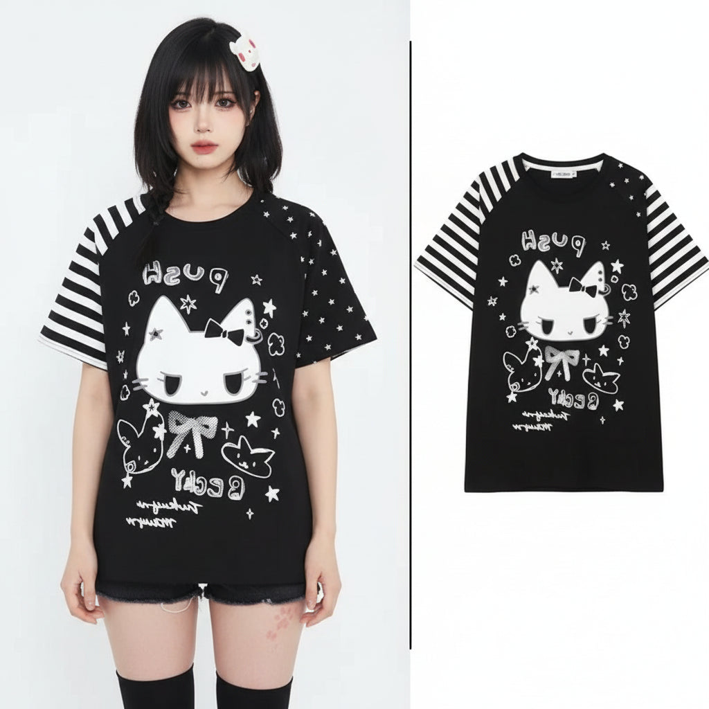 Cat Print Cute Woman Tshirts Tops Japanese Tees Short Sleeve - Vusy Kawaii Shop