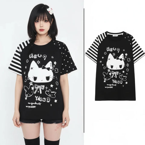 Cat Print Cute Woman Tshirts Tops Japanese Tees Short Sleeve - Vusy Kawaii Shop