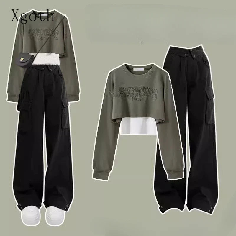 Pants Sets O Neck Letter Printed Short Sweatshirt Tank Top - Vusy Kawaii Shop