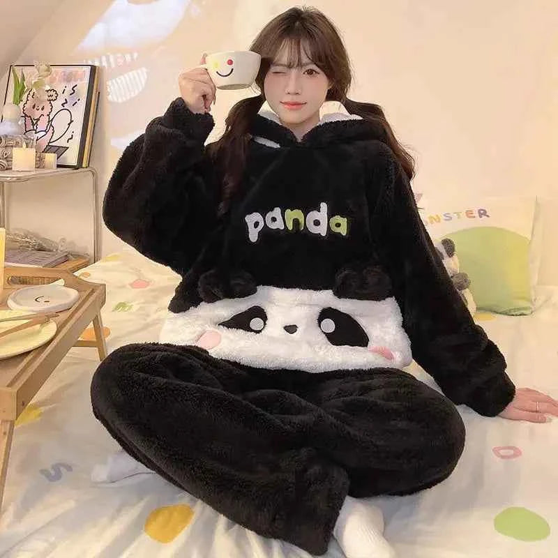New Autumn Winter Sanrios My Melody Coral Velvet Pajamas Women Kuromi Cinnamoroll Thicken Hooded Cartoon Cute Home Clothes Suit