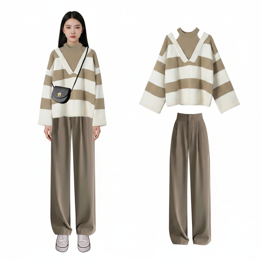 Women Sweater Pants Suit Korean Elegant Winter Blouse - Vusy Kawaii Shop