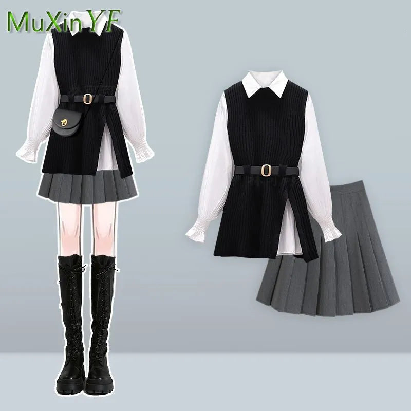 Brown preppy knit vest with white shirt and pleated skirt, peter pan collar shirt