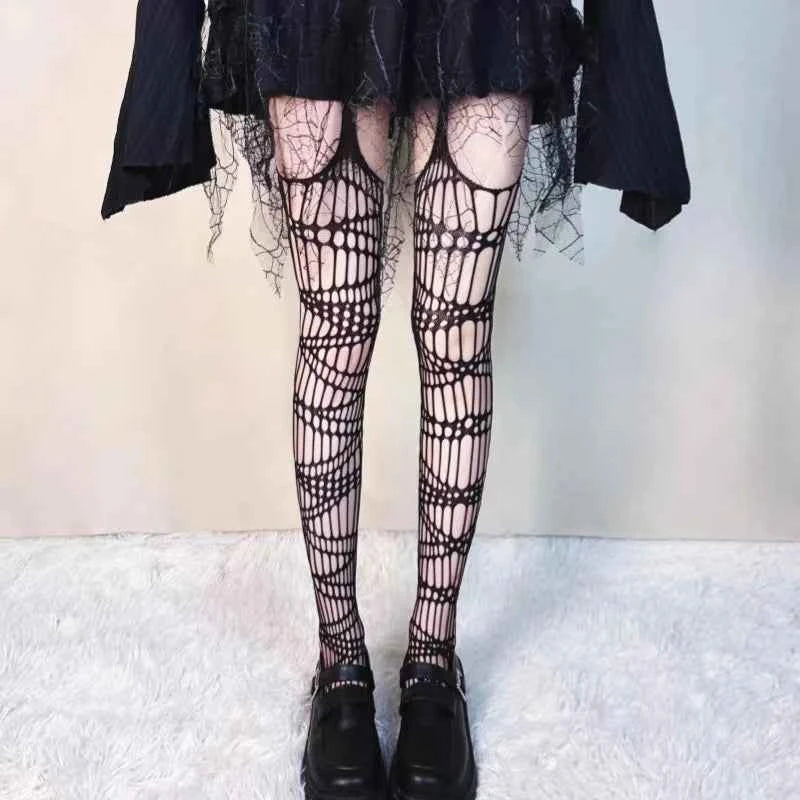 Gothic Bat Long Sexy Fishnet Stockings Women Harajuku Alternative Mesh Bat Tights Lingerie Skin Thigh High Garters Hosiery