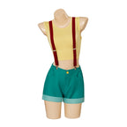 Misty cosplay costume yellow top and teal shorts, back view