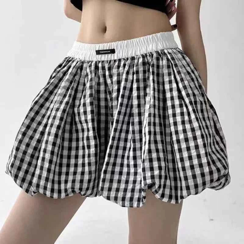 Sweet Pink Plaid Flower Bud Shorts Skirt Summer High Waist