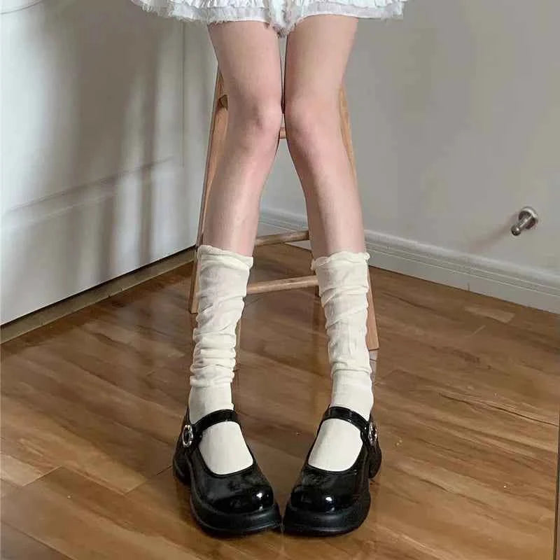 Stockings Woman Summer Thin Solid Color Mid-Calf Socks Soft Breathable Loose Costumes Sweet Balle Girls White Socks Puff Sleeves