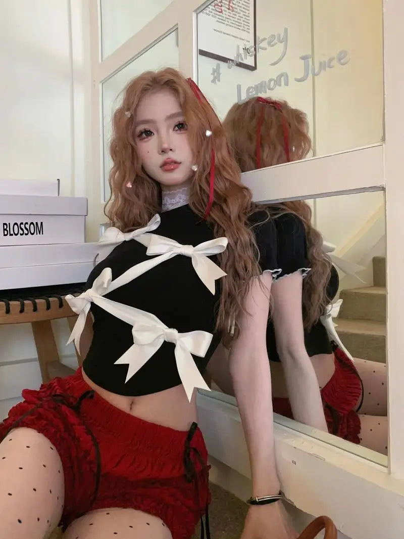 Summer Chic Sweet Black Bow Slim Fit Short Sleeve T-shirt - Vusy Kawaii Shop