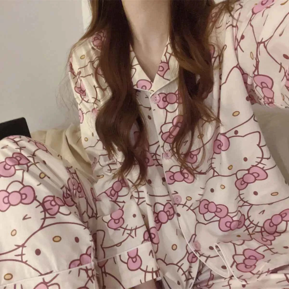 Anime Sanrioed Hello Kittys Pajamas Set Women's Clothing Kawaii Cartoon Kuromi Long Sleeves Student Home Wear Nightgown Suit
