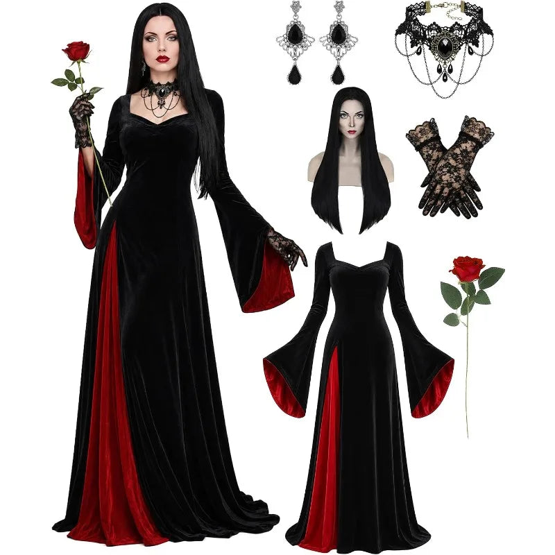 Morticia Addams black velvet gown with red lining on model, front view