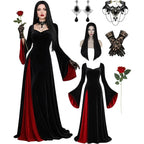 Morticia Addams black velvet gown with red lining on model, front view