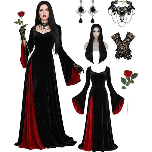 Morticia Addams black velvet gown with red lining on model, front view