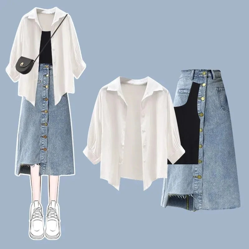 Women Spring-Summer Fashion Denim Dress Matching Set Korean - Vusy Kawaii Shop