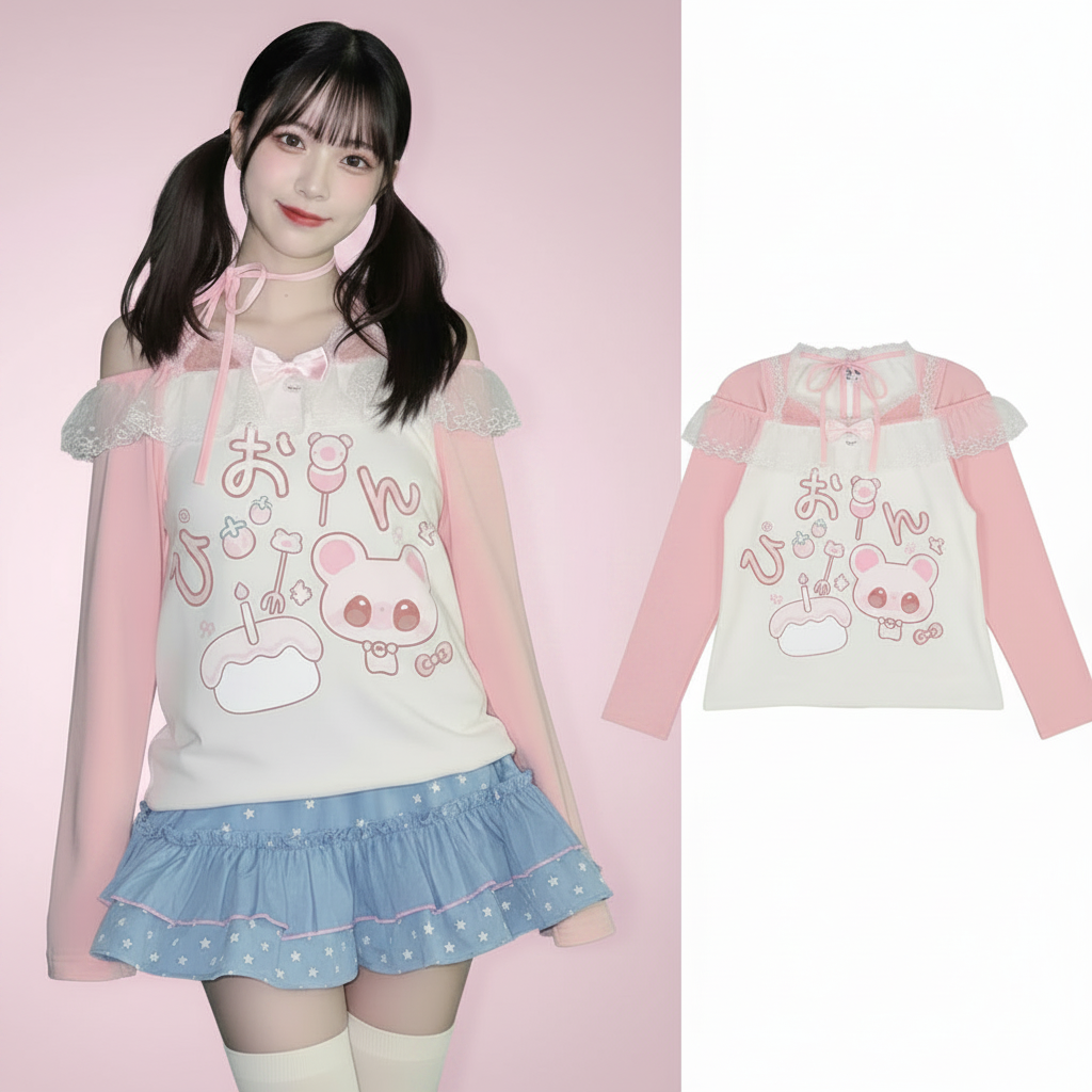 Damenbekleidung Kawaii Anime Bedrucktes T-Shirt Herbst
