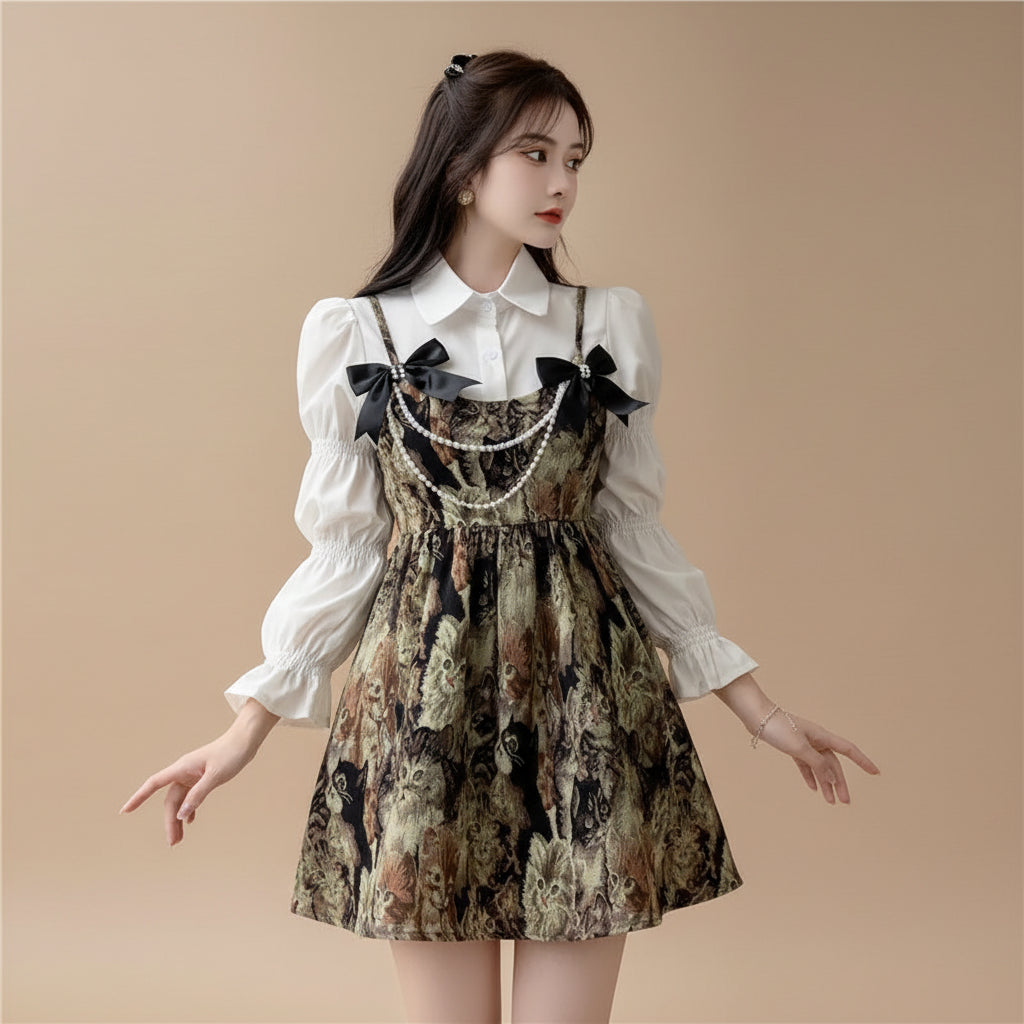Lolita Style Sweet Blouse and Mini Sling Dress Two Piece Set - Vusy Kawaii Shop