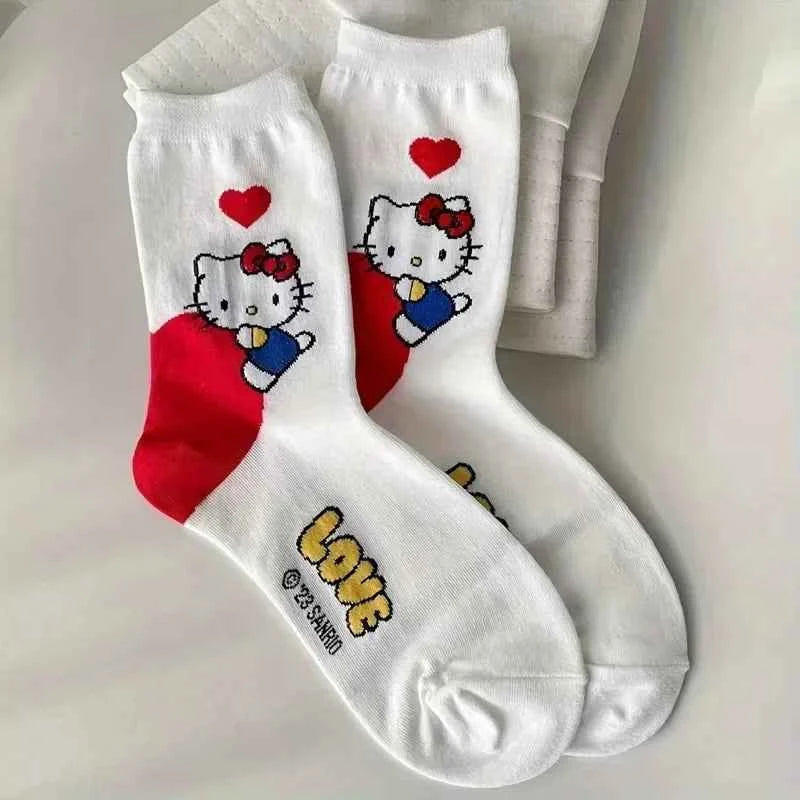 6 Pairs Anime Sanrio Melody Kuromi Print Kids Socks Cinnamoroll  Kawaii Warm Cartoon Women Mid-calf Socks Cotton Sock for Girls