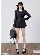 Dress Sets Double Breasted Long Sleeve Blazer High Waist - Vusy Kawaii Shop