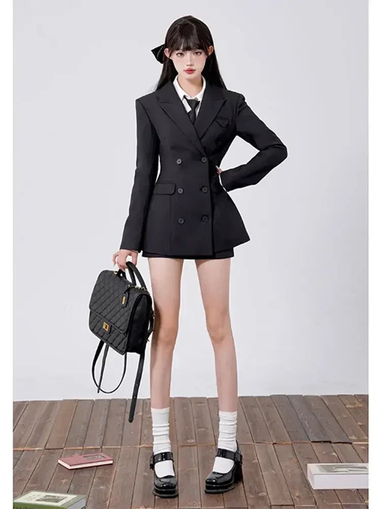 Dress Sets Double Breasted Long Sleeve Blazer High Waist - Vusy Kawaii Shop