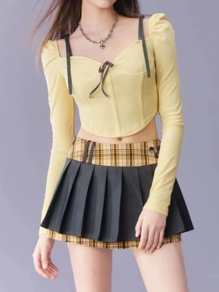 Long Sleeve Square Collar Slim Two-Piece Set Design Pleated - Vusy Kawaii Shop