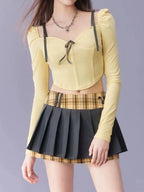 Long Sleeve Square Collar Slim Two-Piece Set Design Pleated - Vusy Kawaii Shop