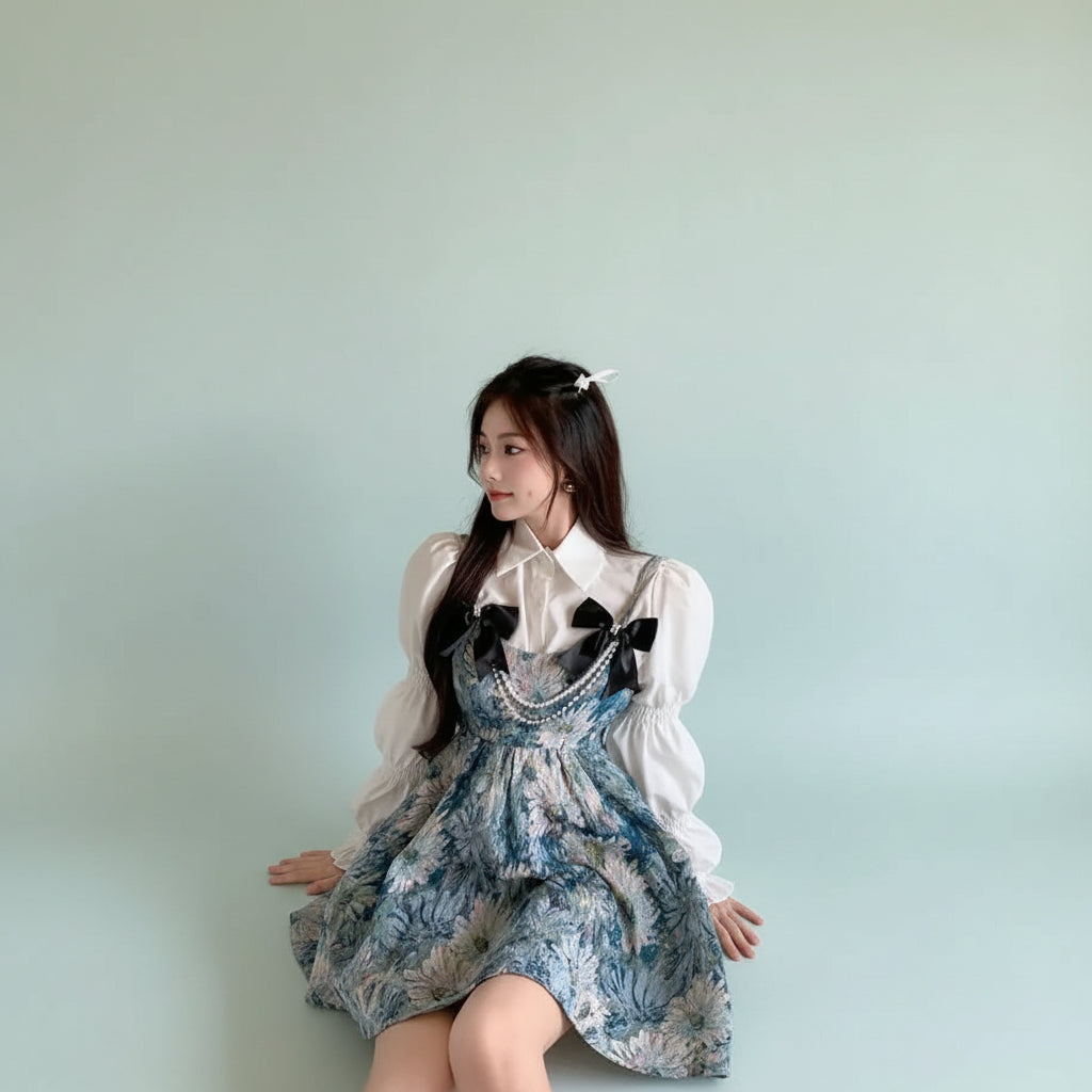 Lolita Style Sweet Blouse and Mini Sling Dress Two Piece Set - Vusy Kawaii Shop