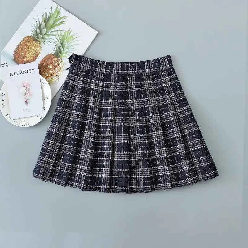Plaid Pleated Skirt Women Spring High Waist A-Line Skirt