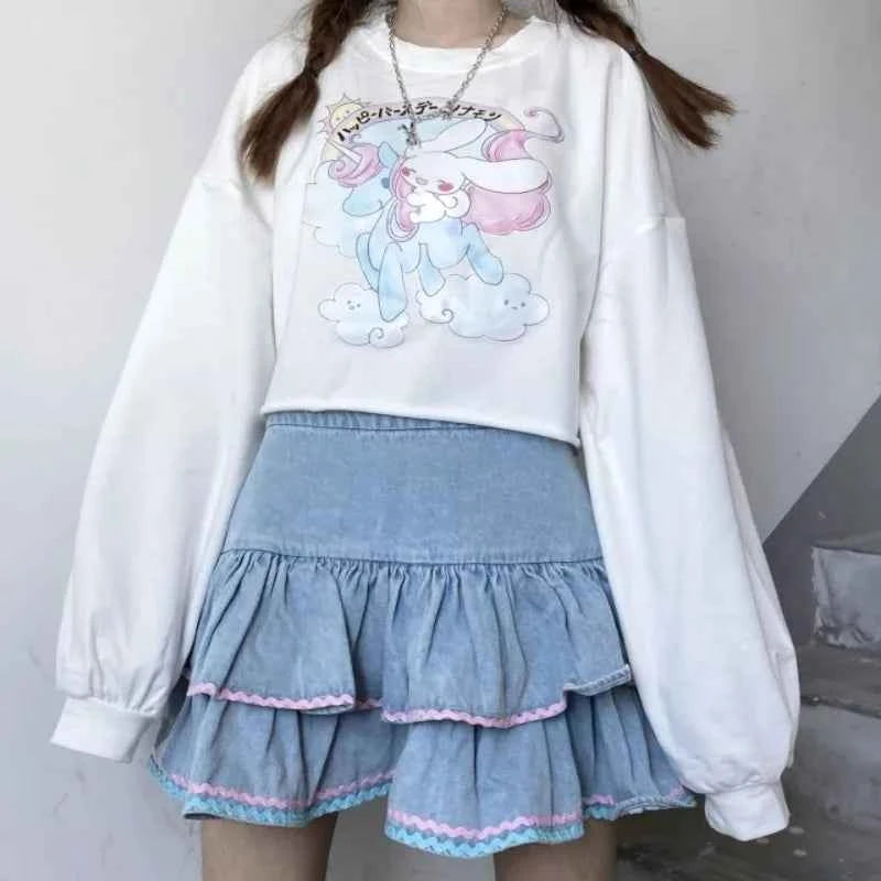 Japanese Sweet Ruched A-Line Cake Skirts High Waist Vintage