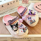 Sanrioed Anime Kuromi Shoes Cartoon Accessories Non Slip Hole Slippers Women Hello Kittys Outside Wear Summer Thick Girl Sandals