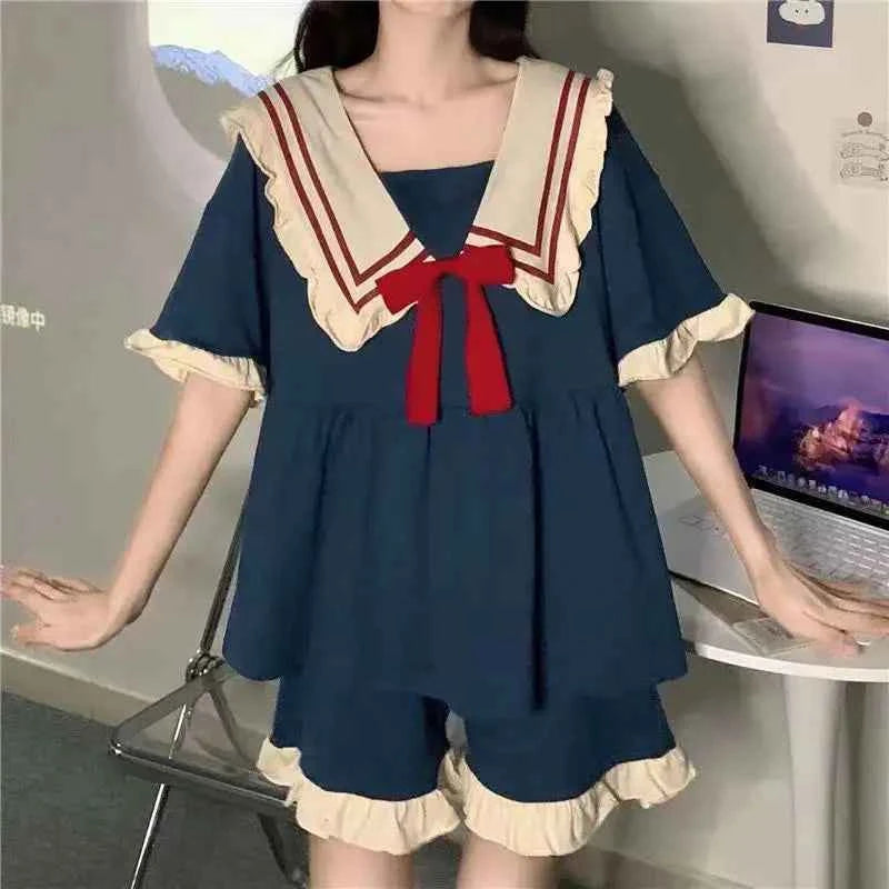 Large Size Pajamas Sweet Women Home Wear Suit Doll Collar Girl Sleepwear Kawaii Dress Solid Colour Short Sleeve Shorts 2PCS Set