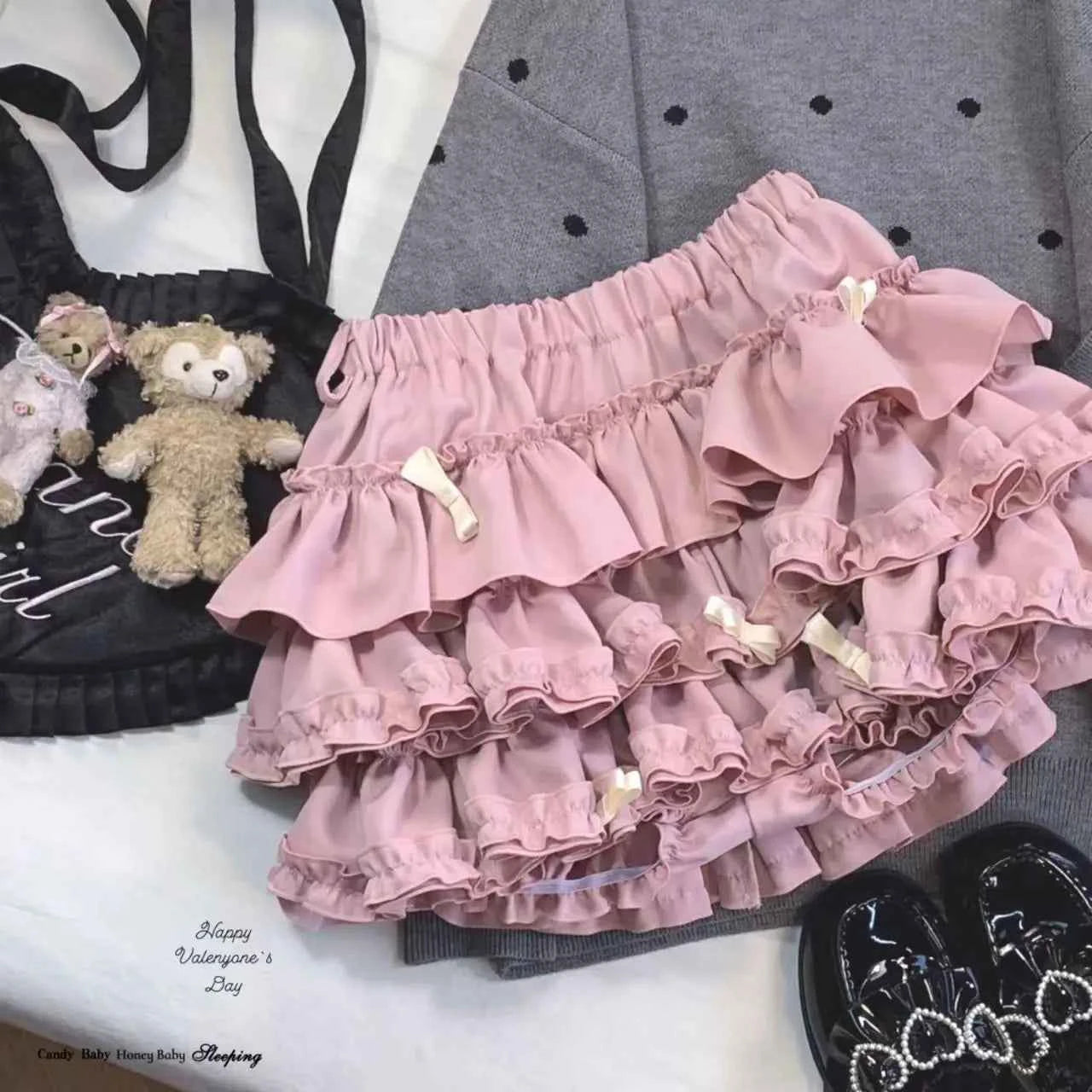 Japanese Sweet Lace Patchwork Ruched Cake Skirts High Waist