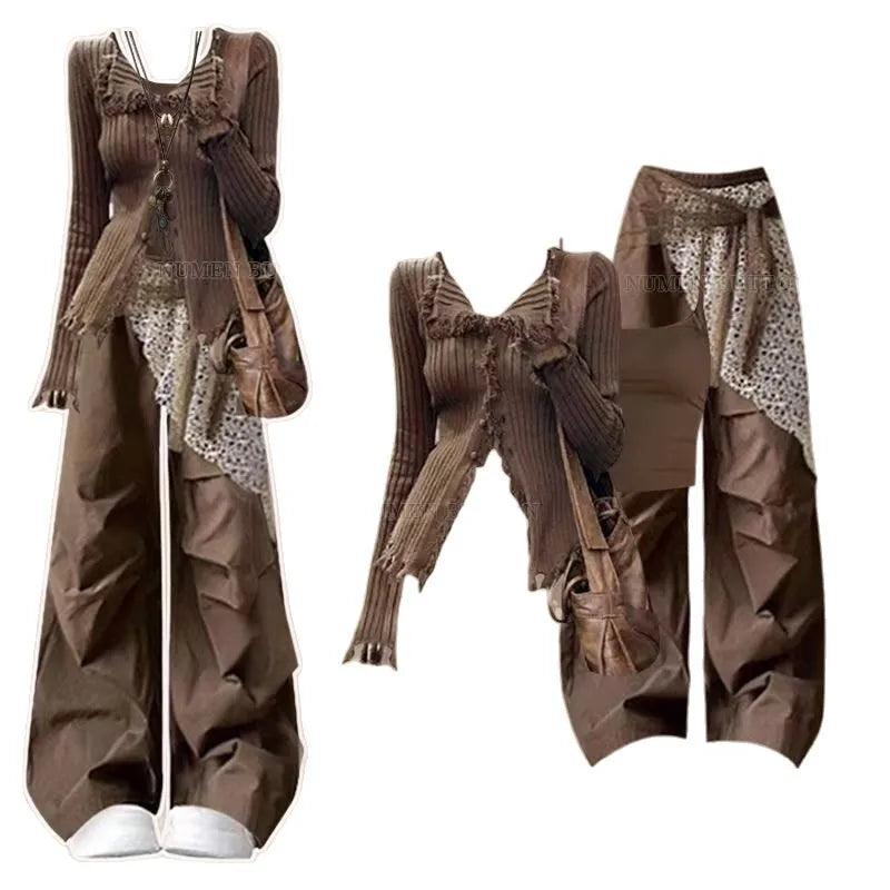 Brown Bohemian Tassel Knit Set, full outfit on model and separate sweater camisole and lace-panel pants