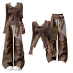 Brown Bohemian Tassel Knit Set, full outfit on model and separate sweater camisole and lace-panel pants