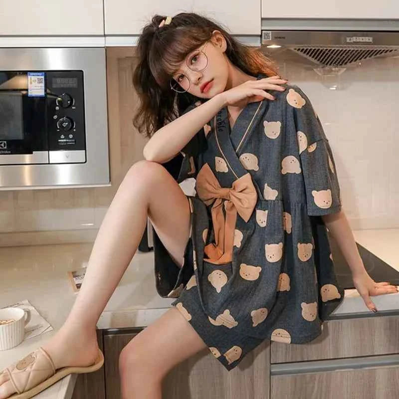 Japan Summer Sweet kimano Women's Short Sleep Tops Shorts pajamas set Ladies Sweet home clothes Sleepwear women's pajamas 2022