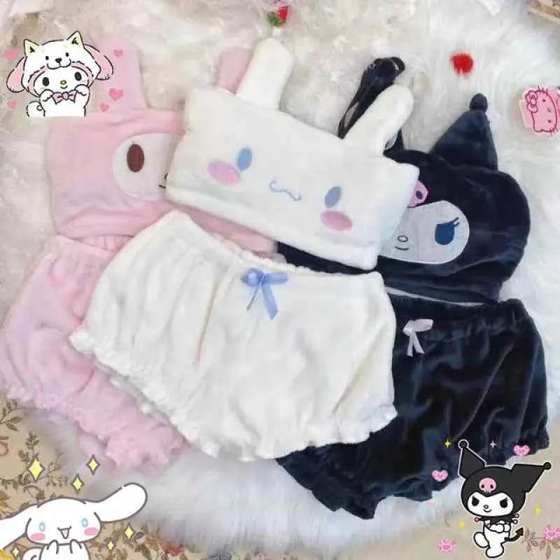 Sanrioed Kuromi My Melody Cinnamoroll Sexy Womenpajamas Hot Girls Flannel Cartoon Fluffy Suspender Pajamas Shorts Set Girls Gift