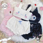 Sanrioed Kuromi My Melody Cinnamoroll Sexy Womenpajamas Hot Girls Flannel Cartoon Fluffy Suspender Pajamas Shorts Set Girls Gift