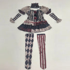 Bloody clown jester costume set flat lay: striped dress, arm sleeves, stockings, collar