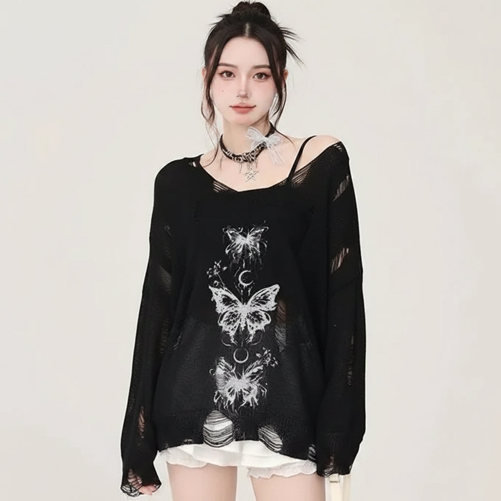 Girl Butterfly Hollow Long Sleeve Knitwear Pullover Women - Vusy Kawaii Shop