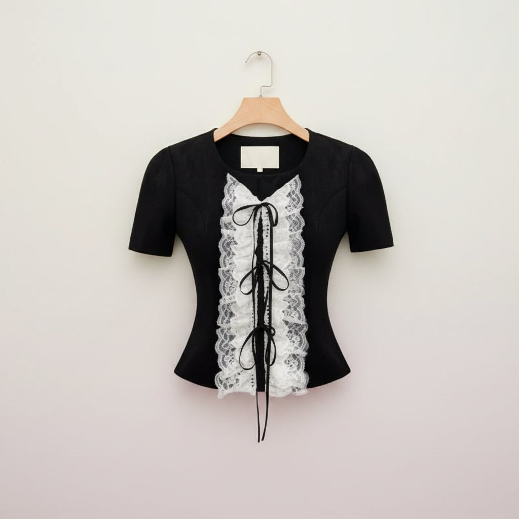 "Romantic Imagination" Black Embroidered Placket Short - Vusy Kawaii Shop
