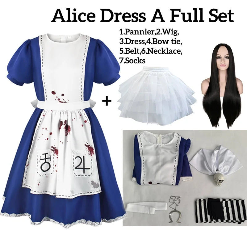 Alice Madness Returns bloody dress set A with wig and pannier, front view