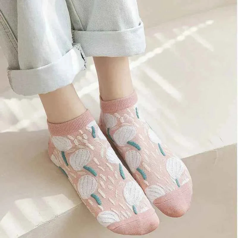 5 Pairs of Kawaii Cute Flower 3D Textured Ankle Socks - Vintage Style Thin Low Cut Hosiery for Womenity Pink Boat Socks Female