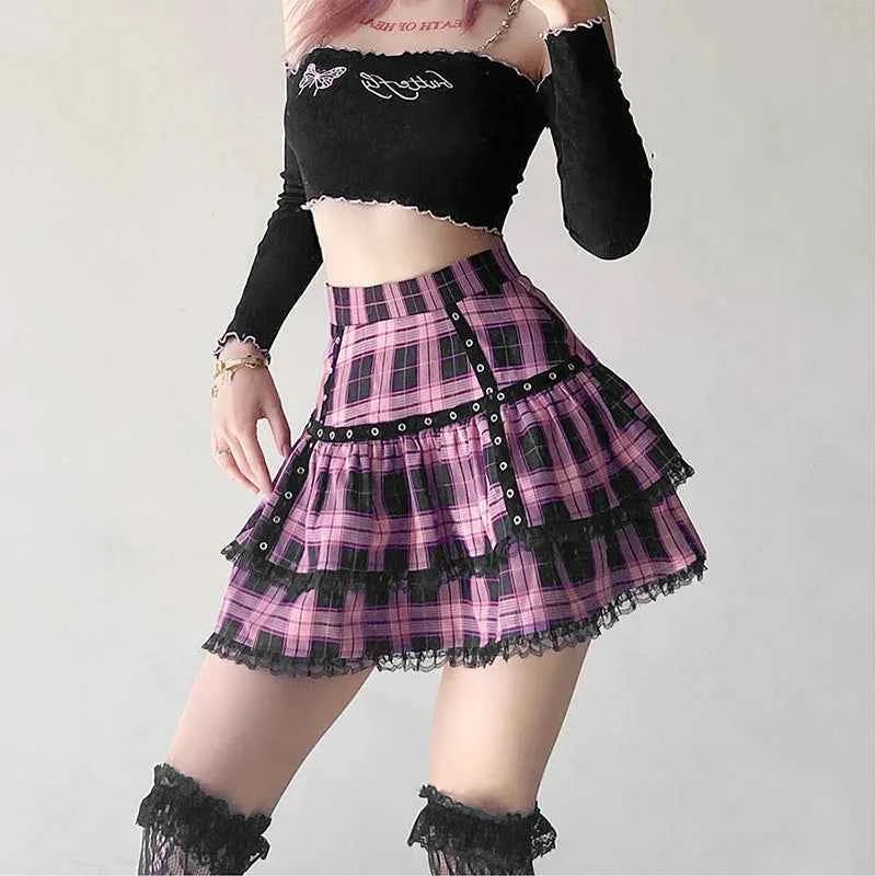 Mall Goth Gothic Lace Ruffle Mini Skirts Womens Harajuku Fairy Grunge Pink Plaid Pleated Skirt Japanese Lolita Streetwear