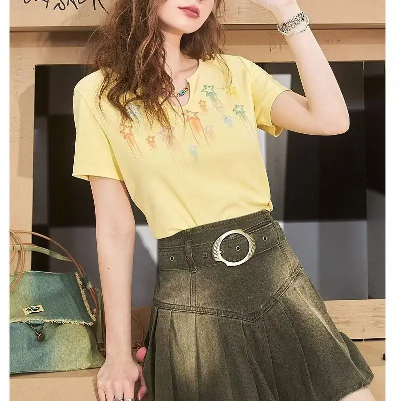 Women Summer Fashion Star Print Chain Slim Short T-Shirts - Vusy Kawaii Shop