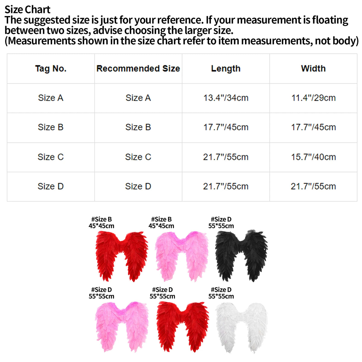 Angel wing size chart and color size reference in red, pink, black and white